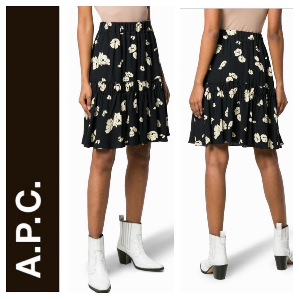 A.P.C. Skirt Black Floral Print Ruffled Crepe Size Xs